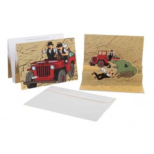 Postkarte Pop-Up 3D Schwarzes Gold roter Jeep TinTin Tim & Struppi, moulinsart