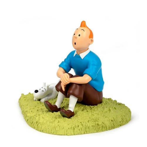 Statue Tim sitzt im Gras Tintin, tintinimago